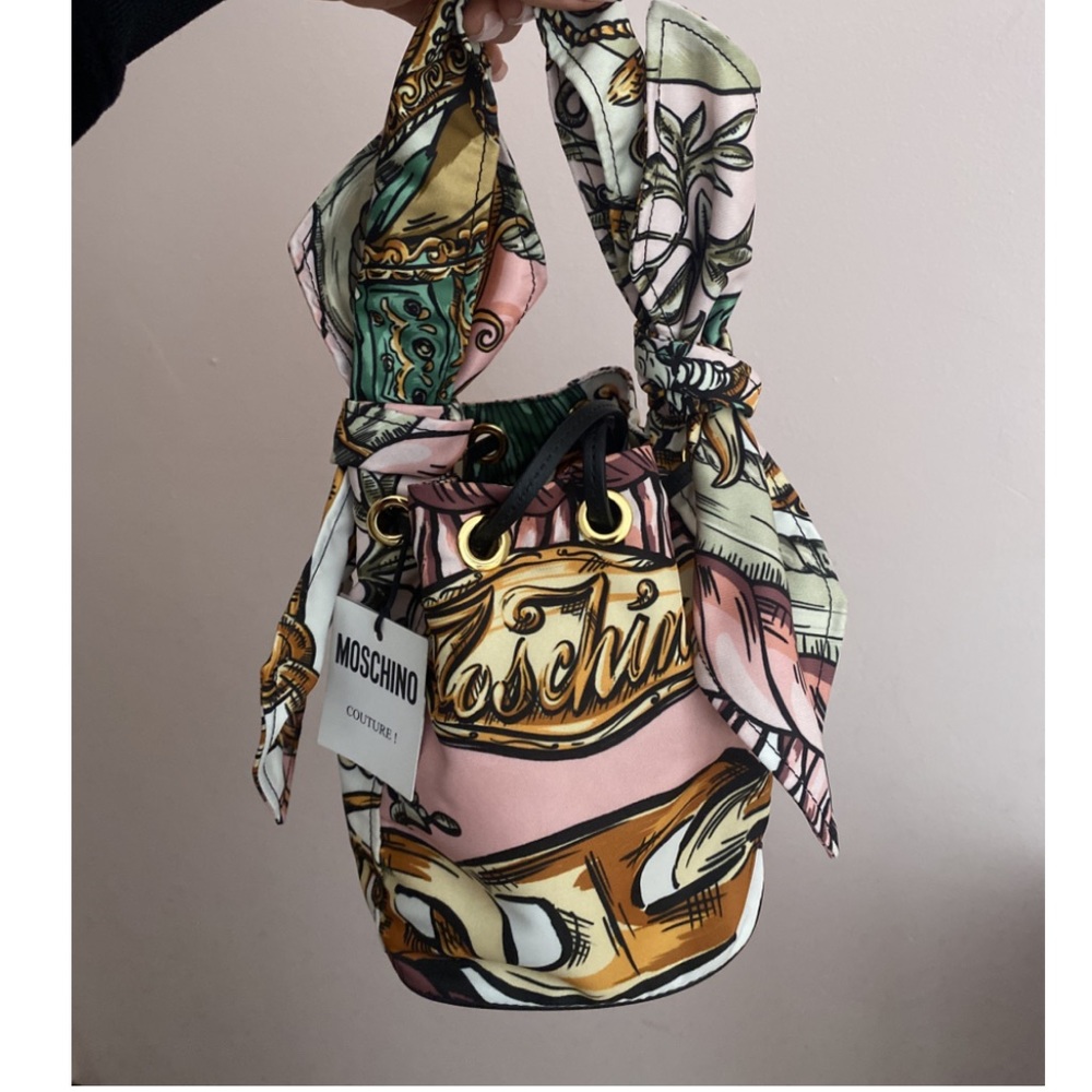 Moschino Milano Chain Print Drawstring Bucket Bag
